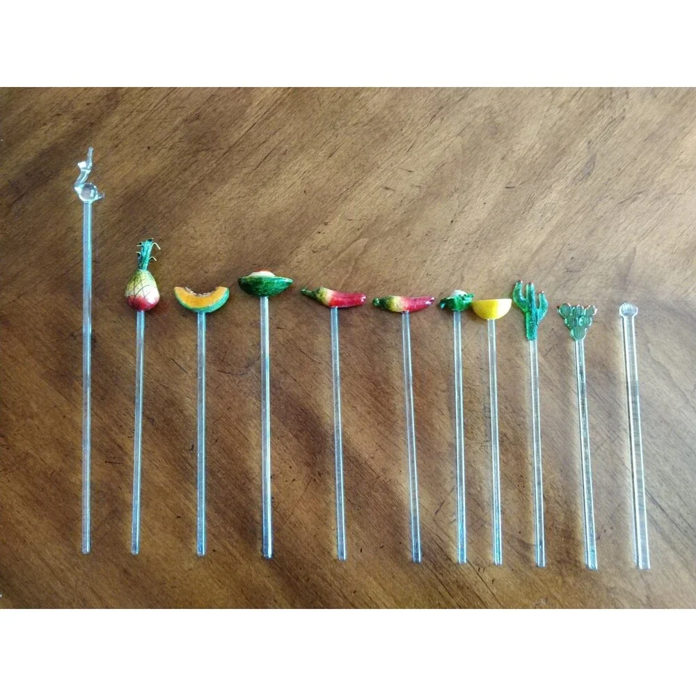 11x Vintage Art Glass Swizzle Stick Barware Mixed Lot Fruit Peppers Cactus Snail